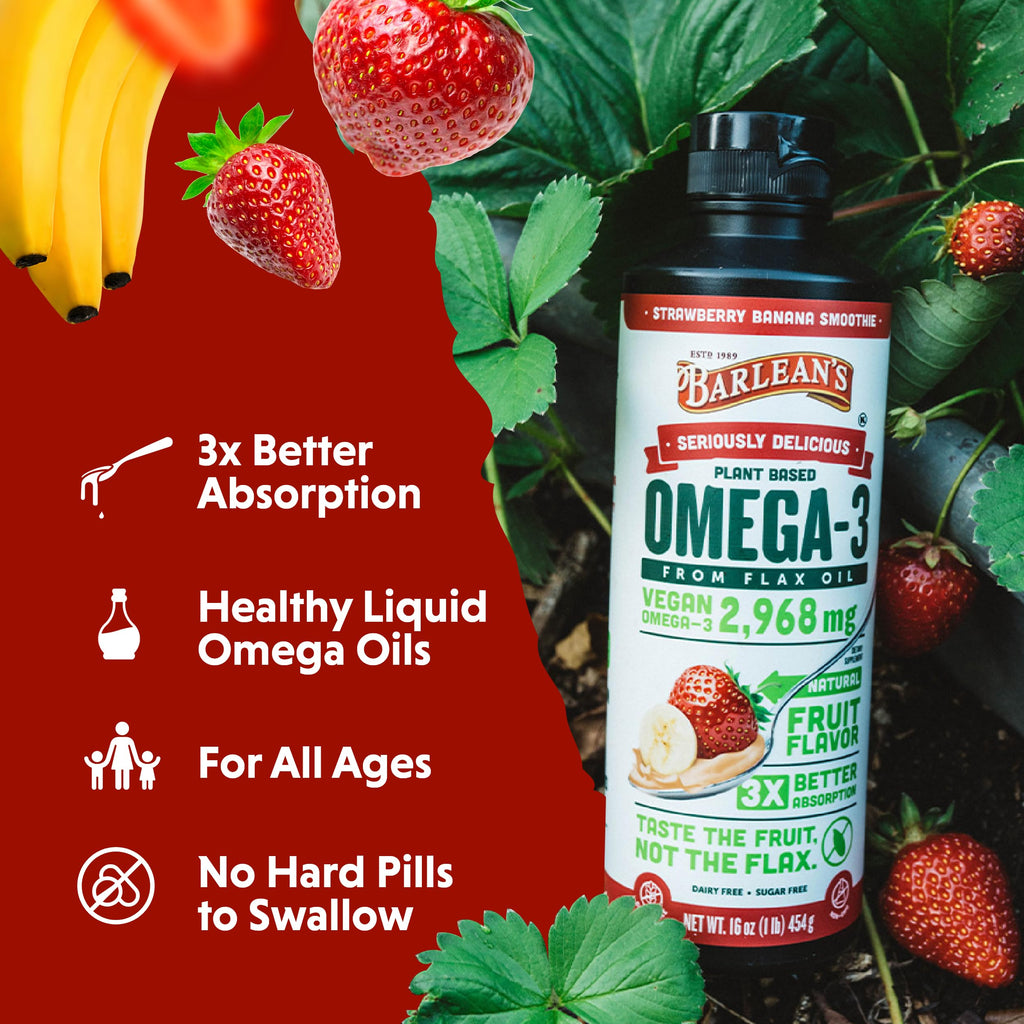 Cold pressed vegan omega 3 6 9 liquid by Barlean's showing strawberry banana creamy texture