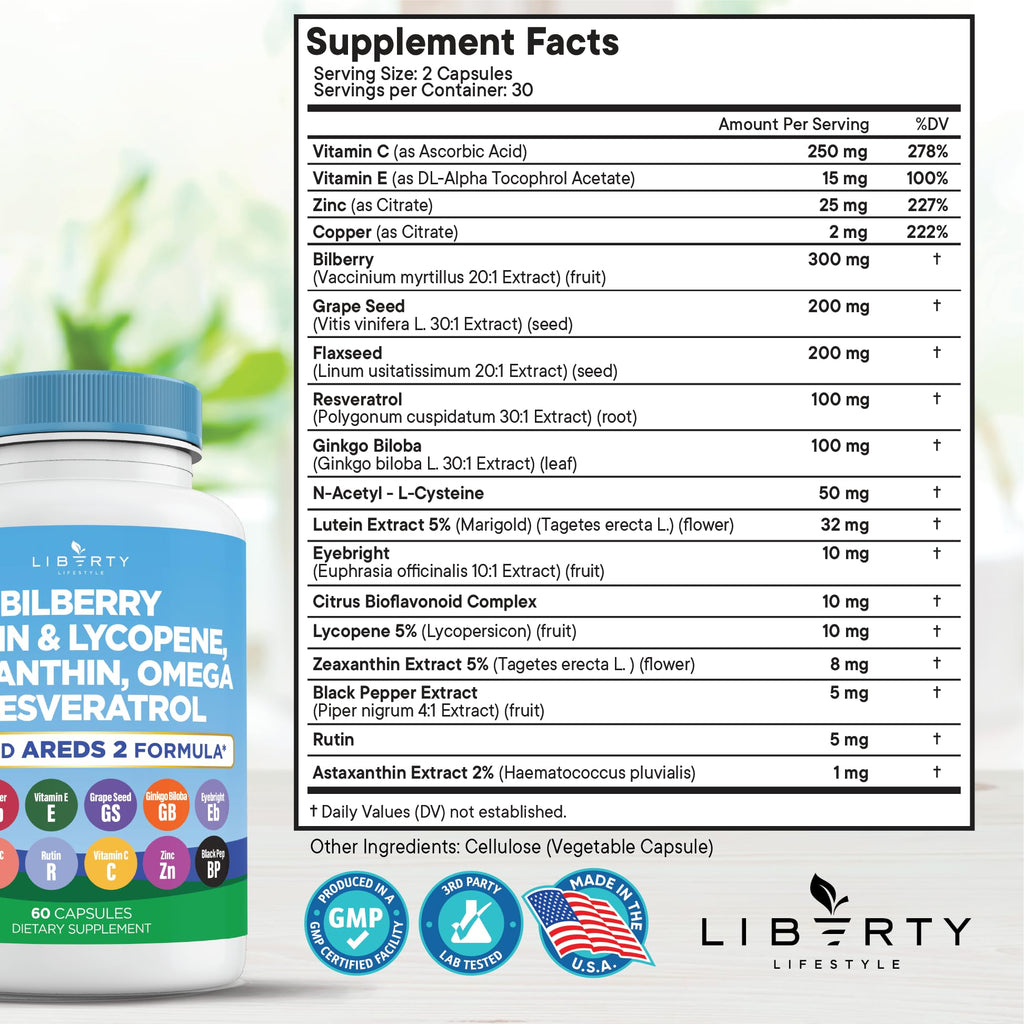 Liberty Lifestyle AREDS 2 inspired eye vitamins side label displaying complete supplement facts panel ingredients.