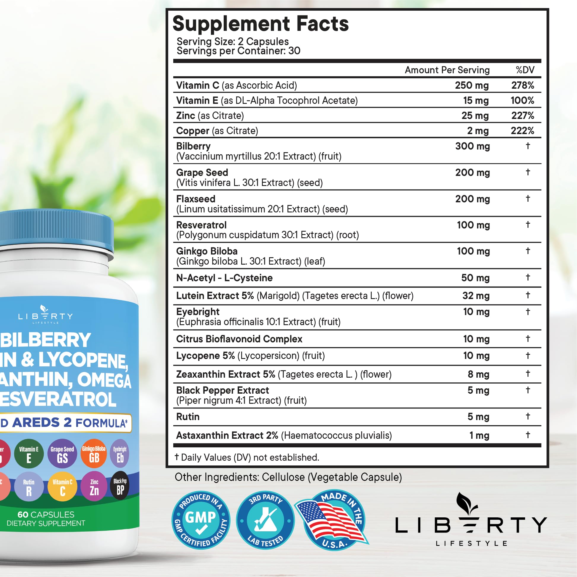 Liberty Lifestyle AREDS 2 inspired eye vitamins side label displaying complete supplement facts panel ingredients.