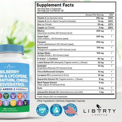 Liberty Lifestyle AREDS 2 inspired eye vitamins side label displaying complete supplement facts panel ingredients.