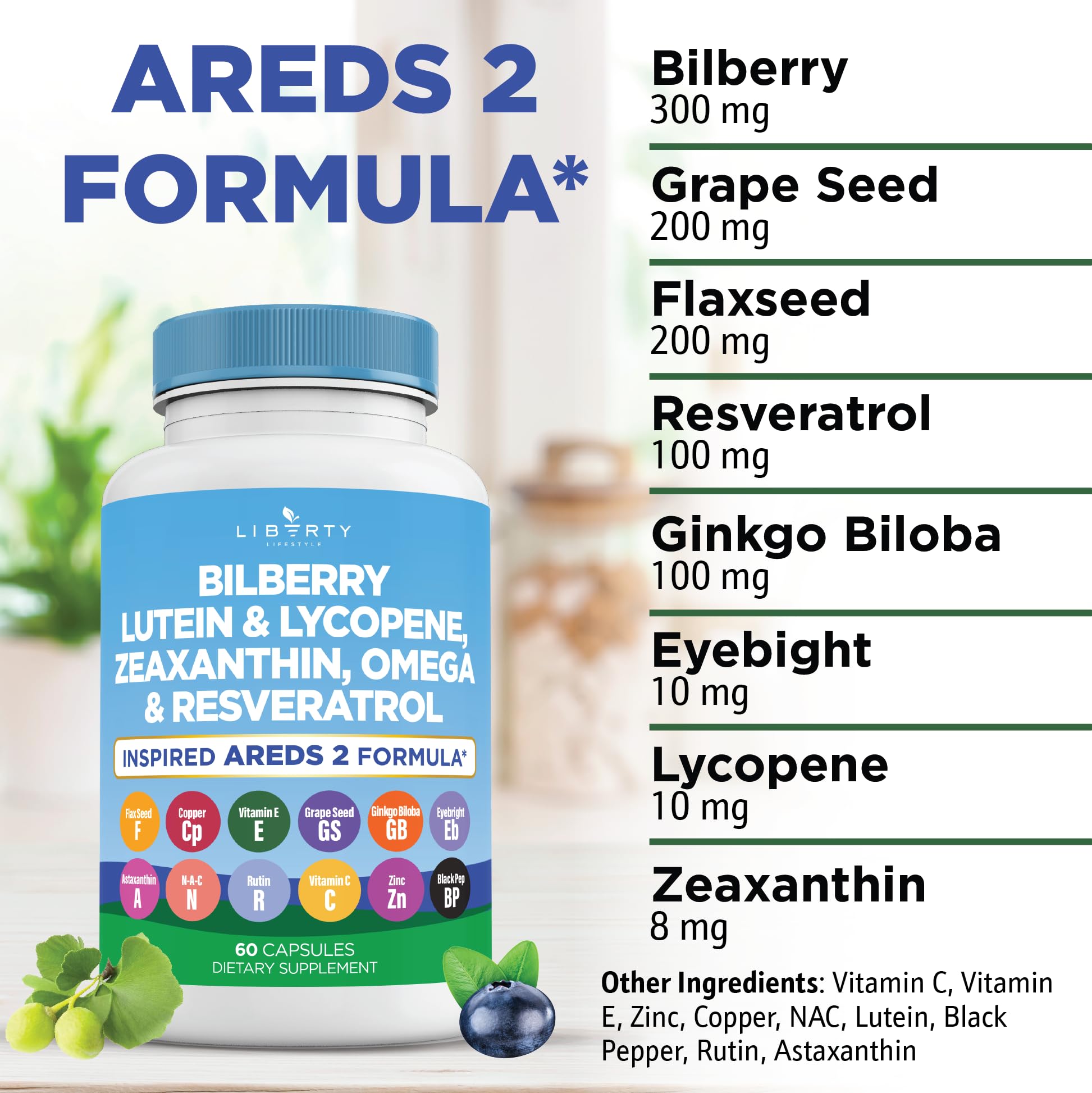 Liberty Lifestyle eye care capsules showing authentic USA imported health supplement packaging details.