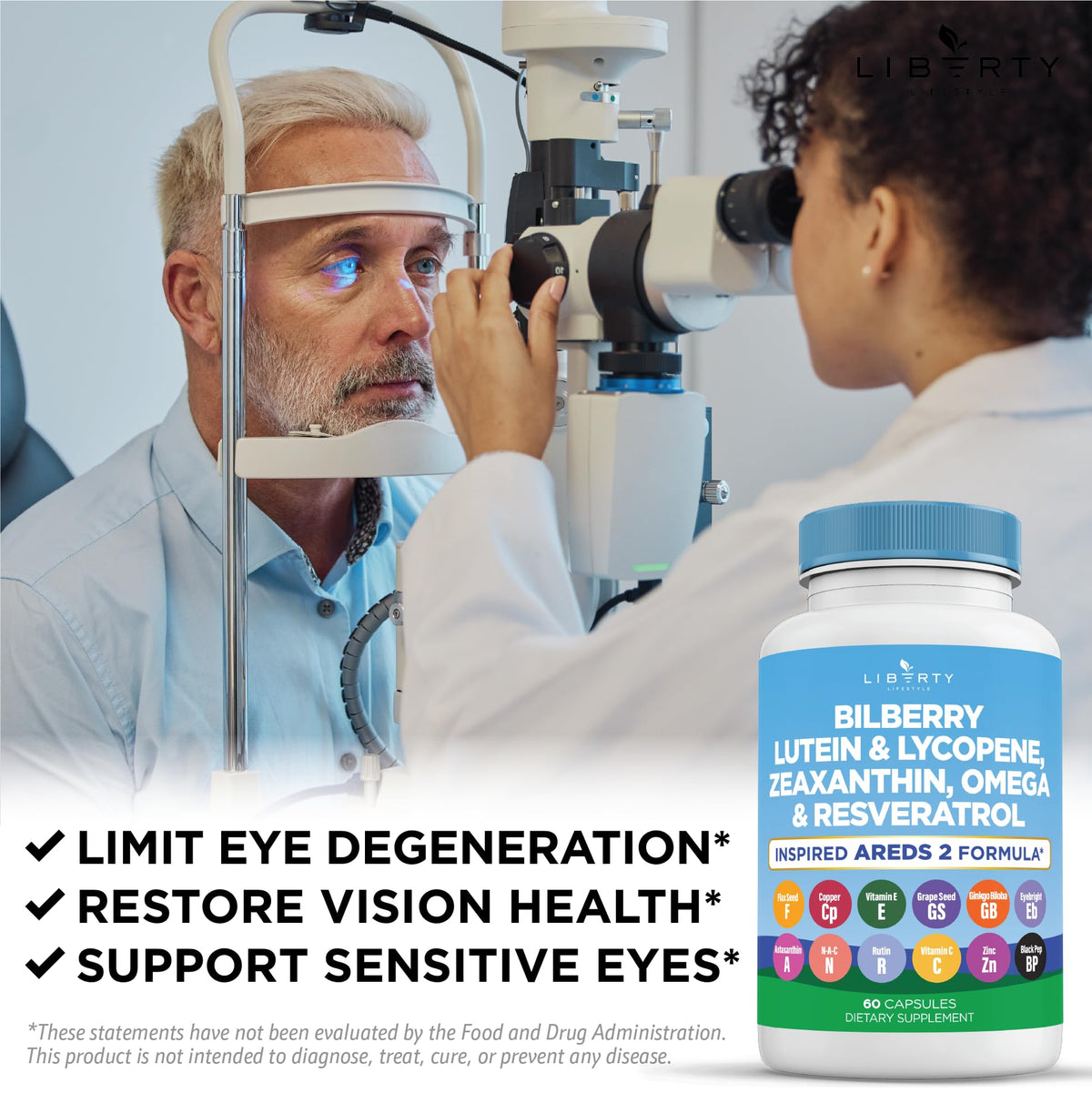 Liberty Lifestyle bilberry and lutein eye vitamins showcasing premium carotenoid formula for vision safety.