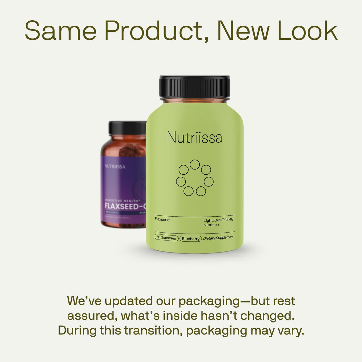 Nutriissa plant based omega supplement showing the light green bottle packaging and product details.