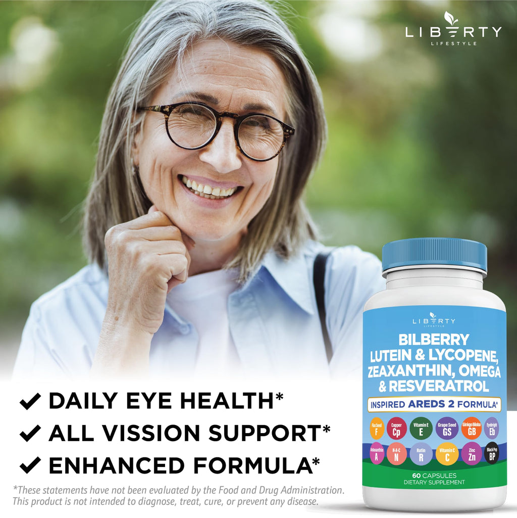 Liberty Lifestyle vision support supplement bottle back view detailing daily dosage guidelines and directions.