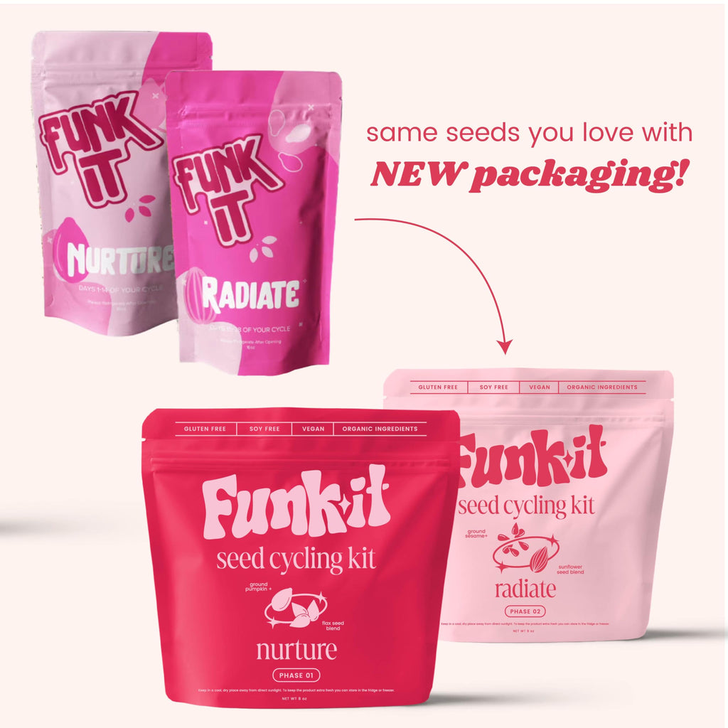 Funk It Wellness Nurture and Radiate ground seed blends displayed clearly side by side
