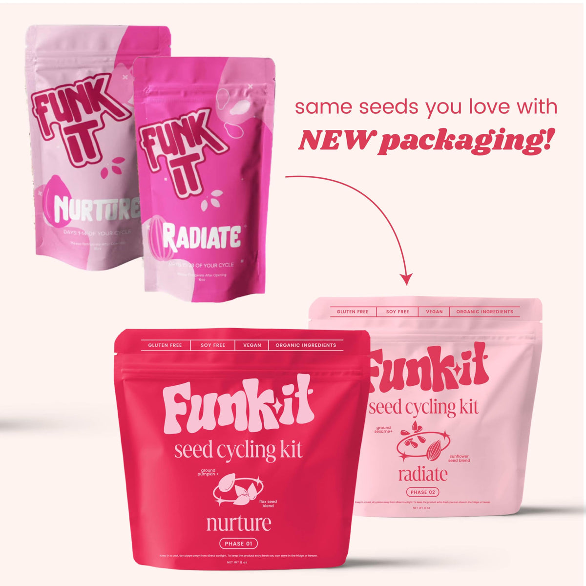 Funk It Wellness Nurture and Radiate ground seed blends displayed clearly side by side