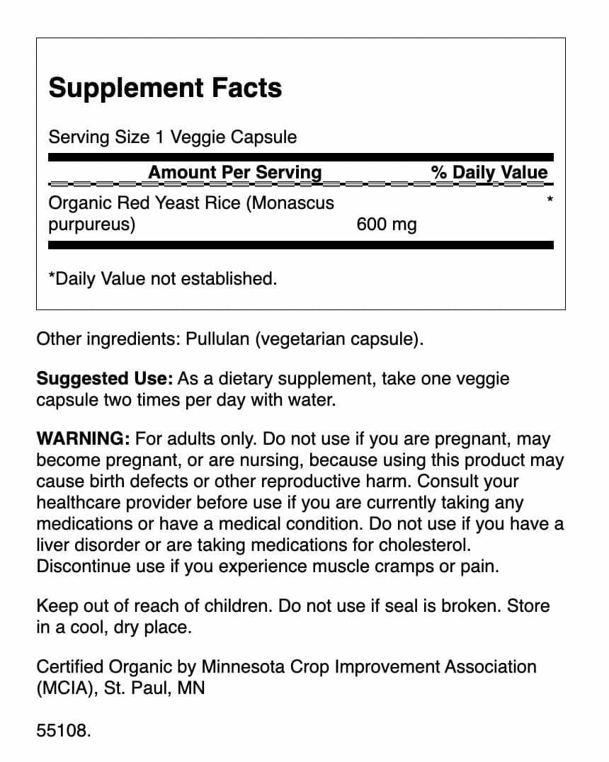 Swanson Red Yeast Rice 60 capsules supplement facts and ingredient label