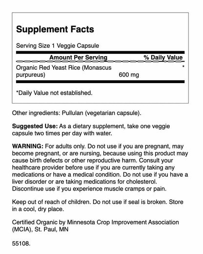 Swanson Red Yeast Rice 60 capsules supplement facts and ingredient label