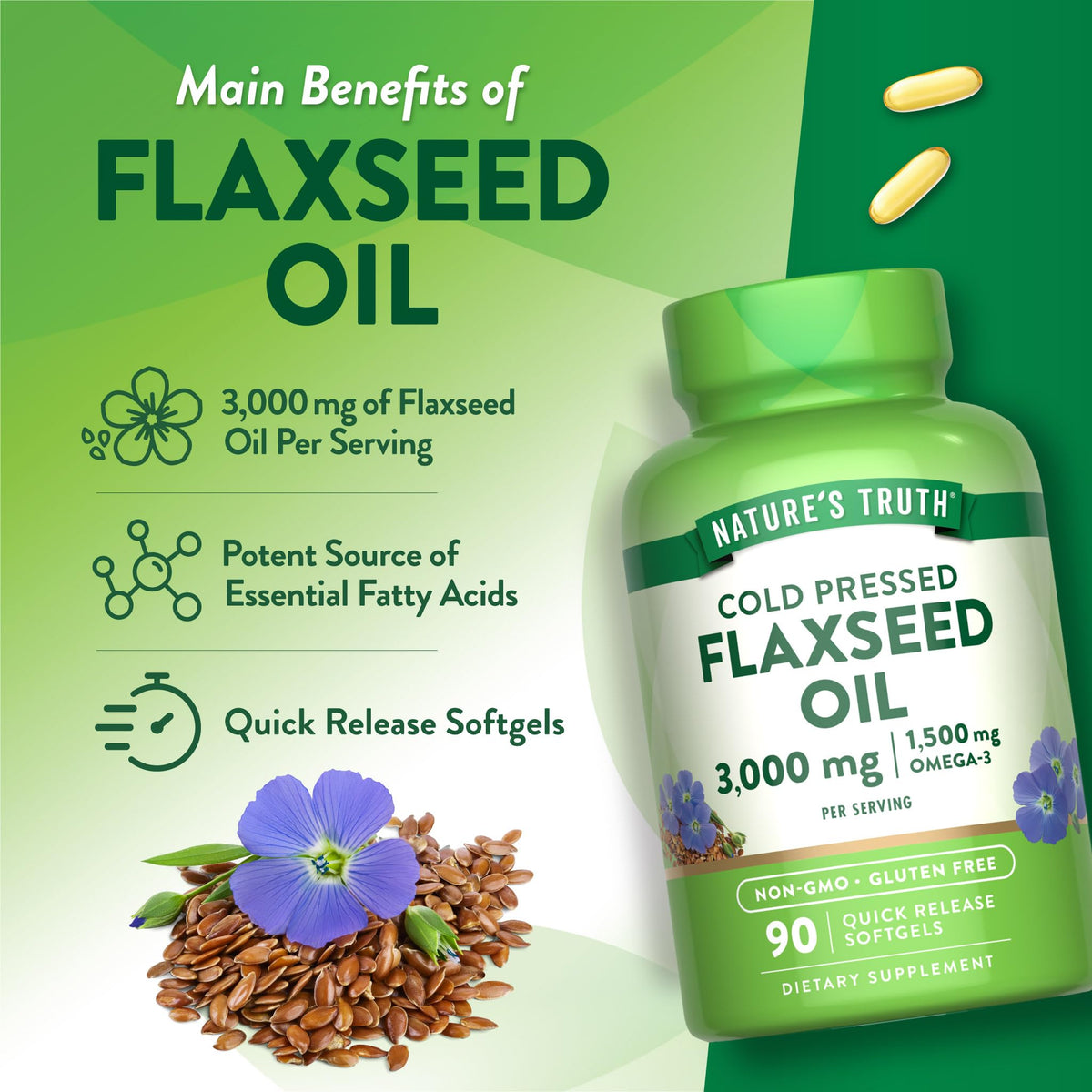 Nature's Truth authentic organic flaxseed oil health supplement packaging