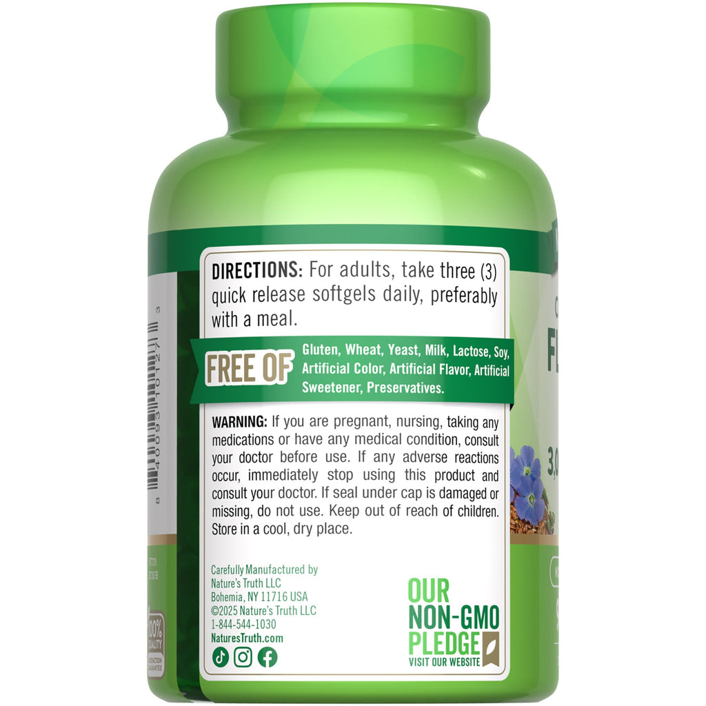 Nature's Truth quick release flaxseed oil softgels complete bottle back ingredients list