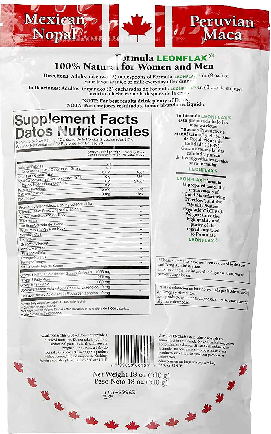 Leonflax ground flaxseed supplement packaging displaying premium red and golden Canadian flax seed benefits
