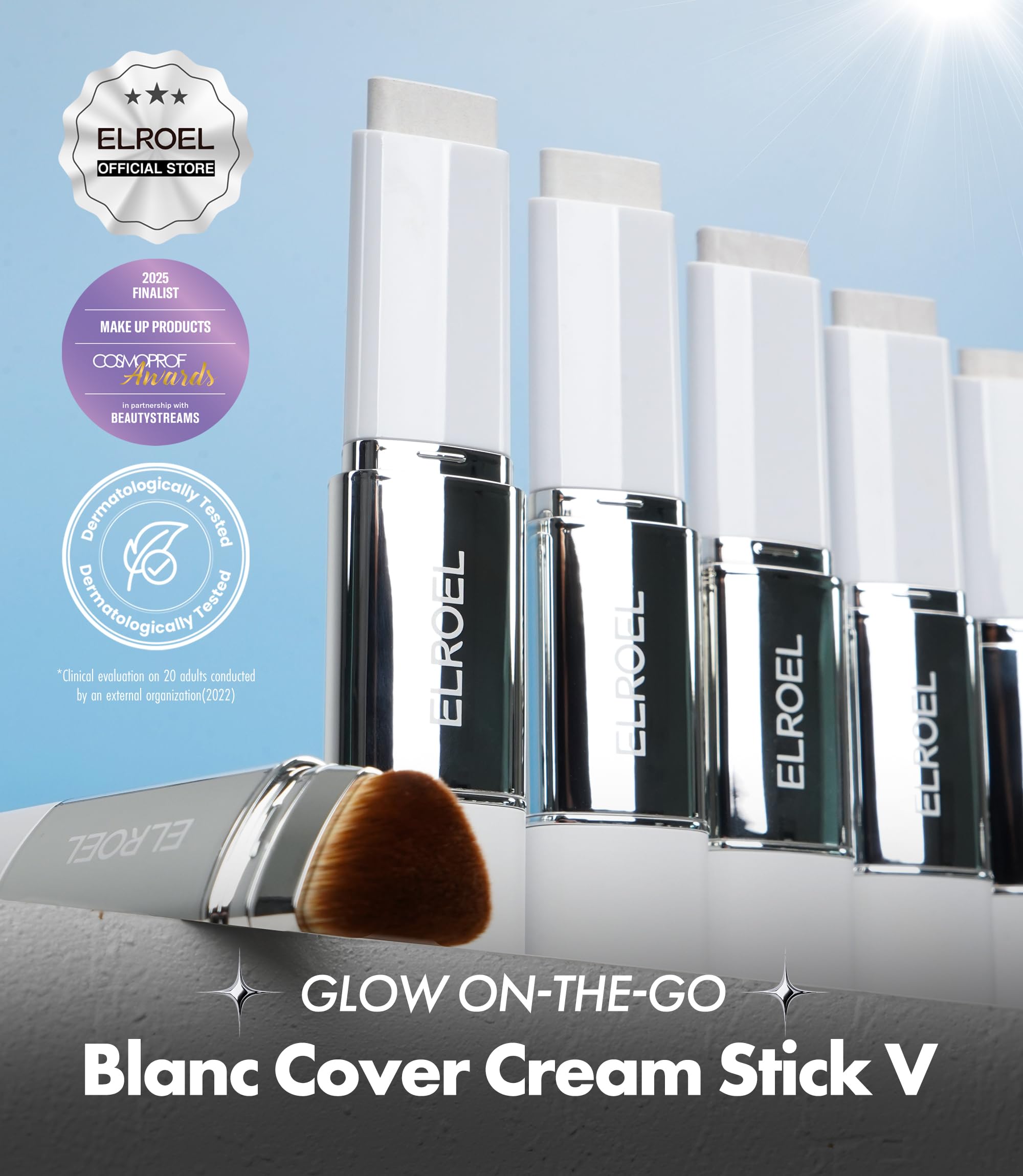 Korean color-changing foundation stick showing the white balm side and detachable brush.