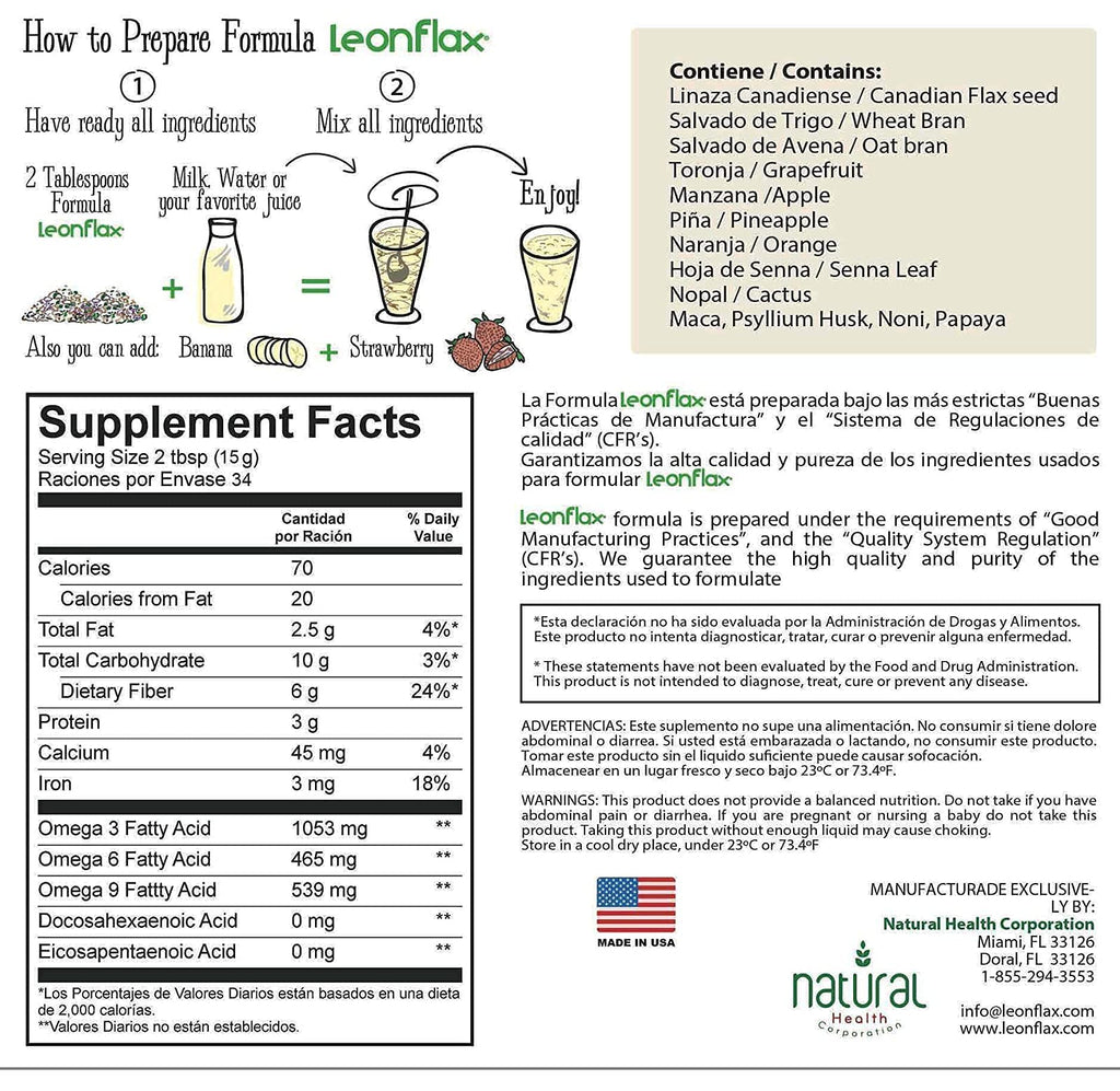 Back label of Leonflax digestive health powder detailing fourteen natural ingredients including psyllium husk and oat bran