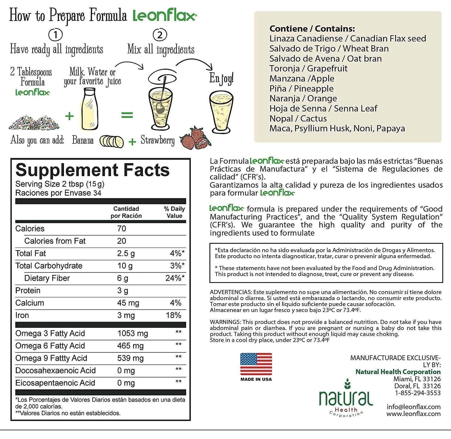 Back label of Leonflax digestive health powder detailing fourteen natural ingredients including psyllium husk and oat bran