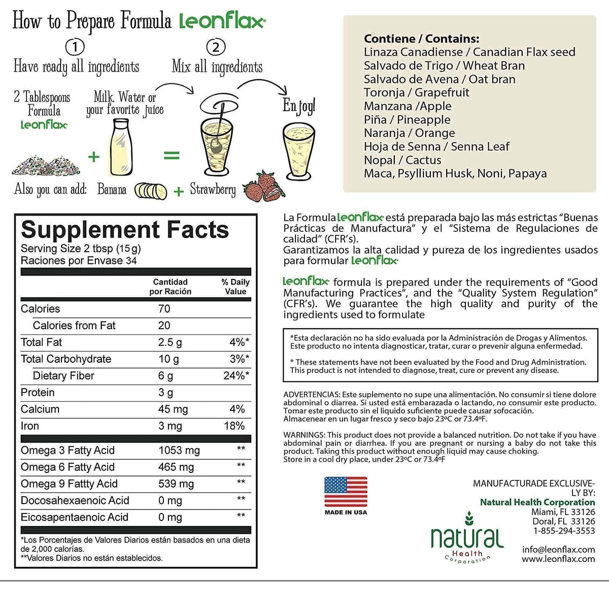 Back label of Leonflax digestive health powder detailing fourteen natural ingredients including psyllium husk and oat bran