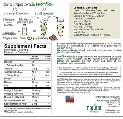 Back label of Leonflax digestive health powder detailing fourteen natural ingredients including psyllium husk and oat bran