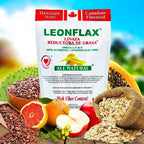 Leonflax high fiber supplement bag highlighting dietary fiber content and natural weight management features