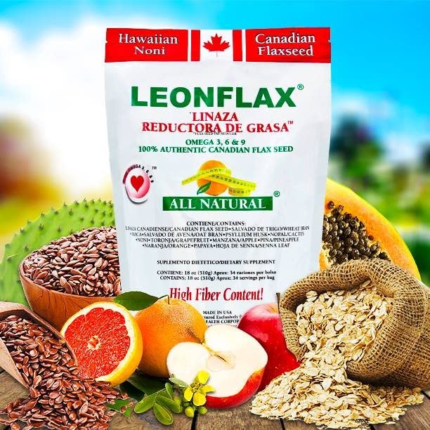 Leonflax high fiber supplement bag highlighting dietary fiber content and natural weight management features