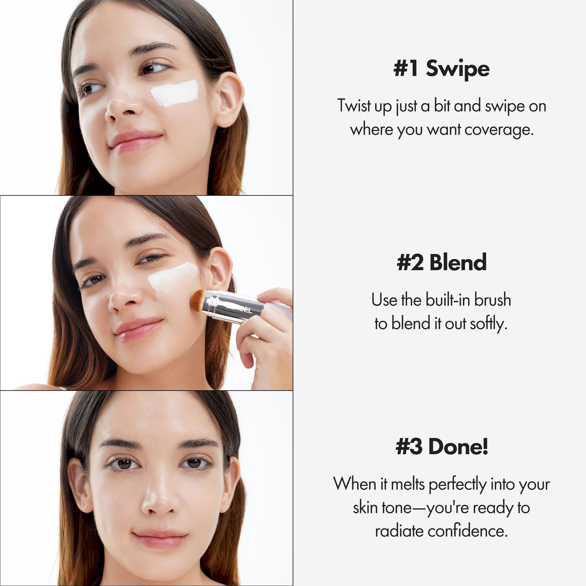 Dewy finish face makeup stick showing the texture transformation from white to beige.