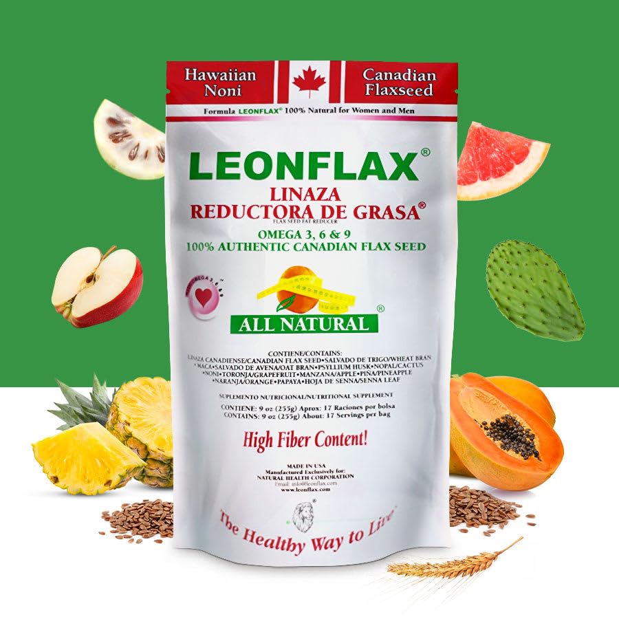 Leonflax digestive wellness formula packaging emphasizing omega fatty acids and natural intestinal cleansing properties