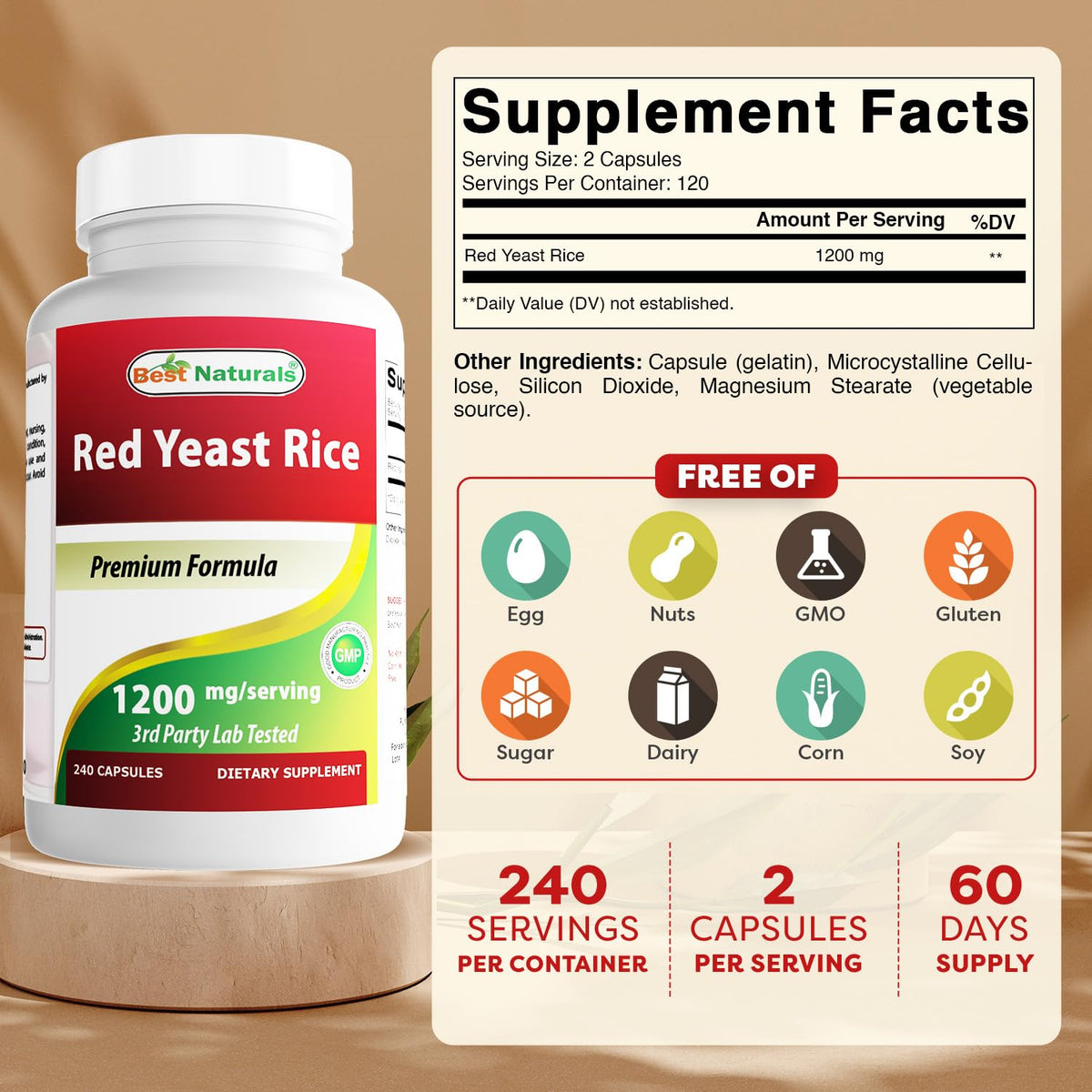 Best Naturals Red Yeast Rice supplement 240 capsules label
