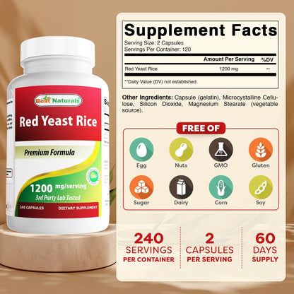 Best Naturals Red Yeast Rice supplement 240 capsules label