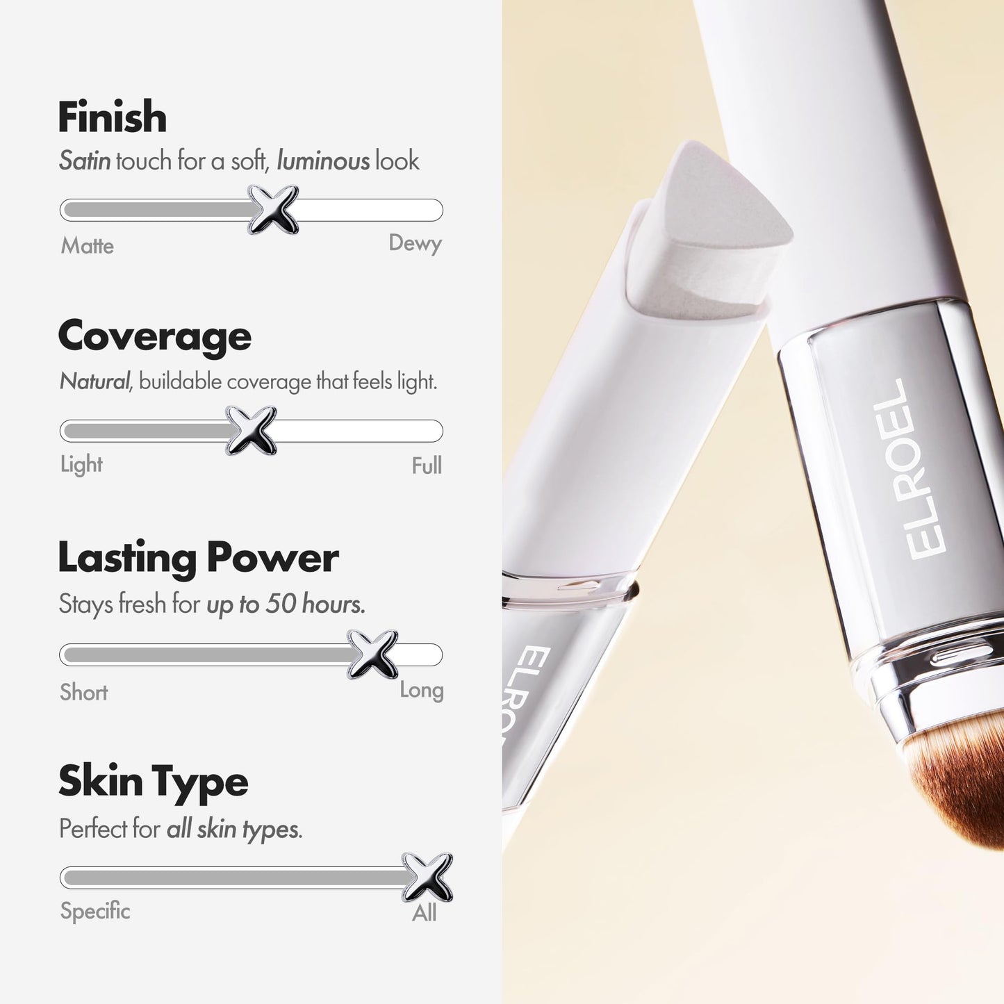 ELROEL dual ended cosmetics packaging showcasing the innovative white balm foundation formula.
