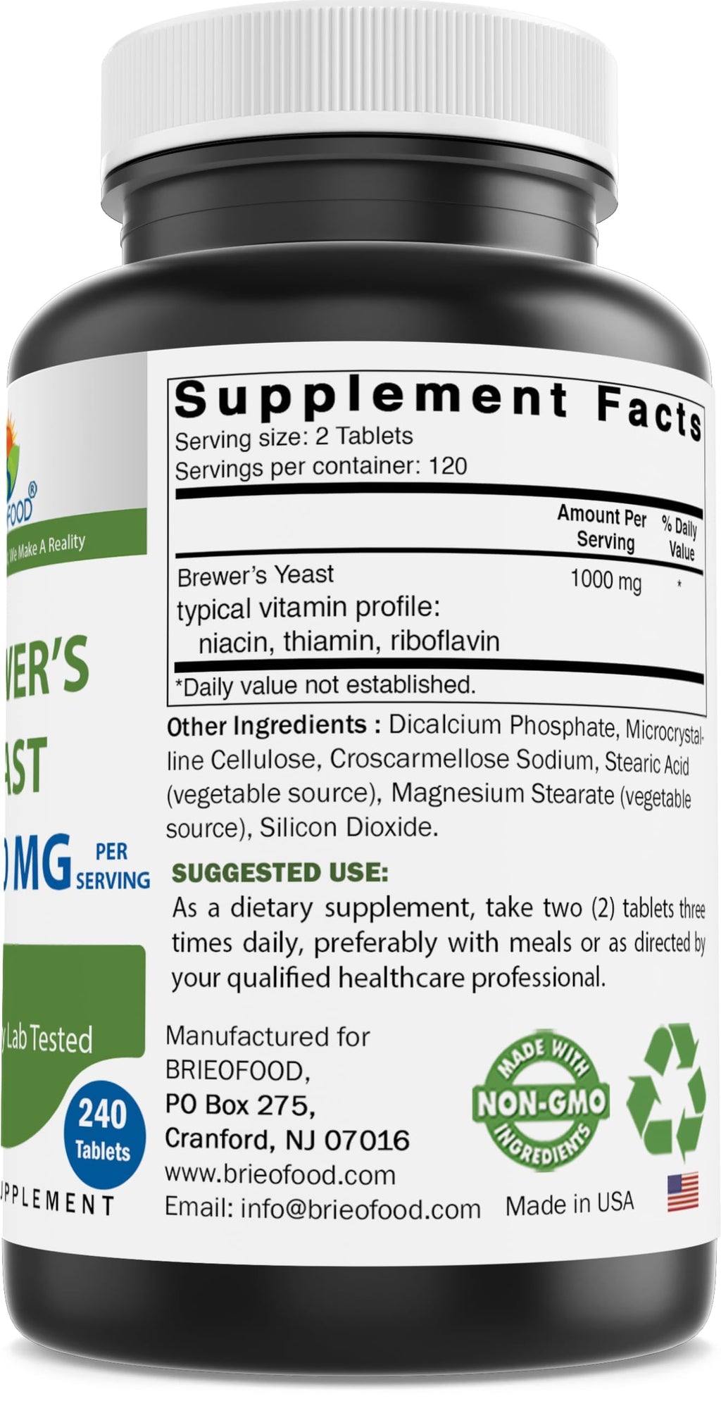 Brieofood Brewers Yeast supplement facts panel showing allergen free pure ingredients
