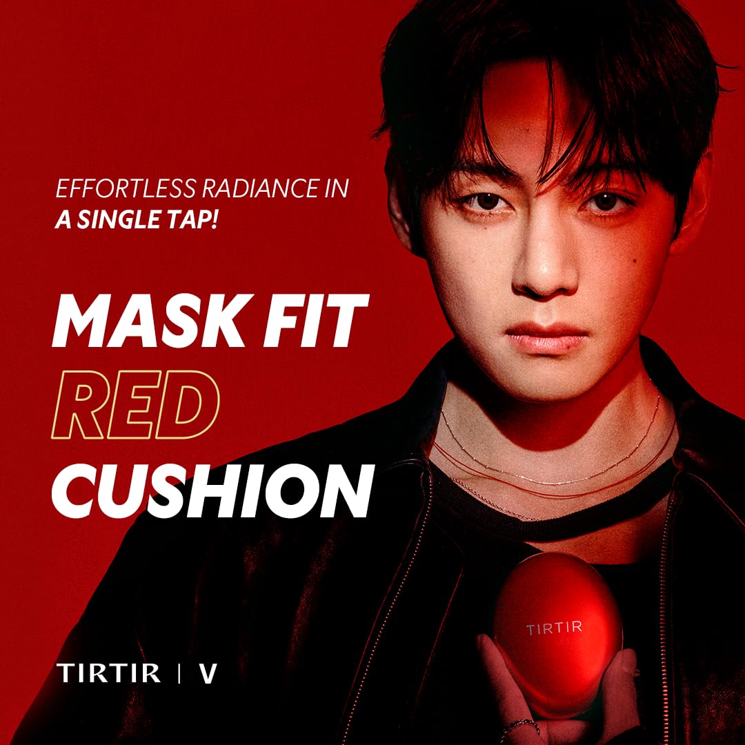 Open TIRTIR red cushion compact displaying the internal makeup cushion sponge and applicator puff