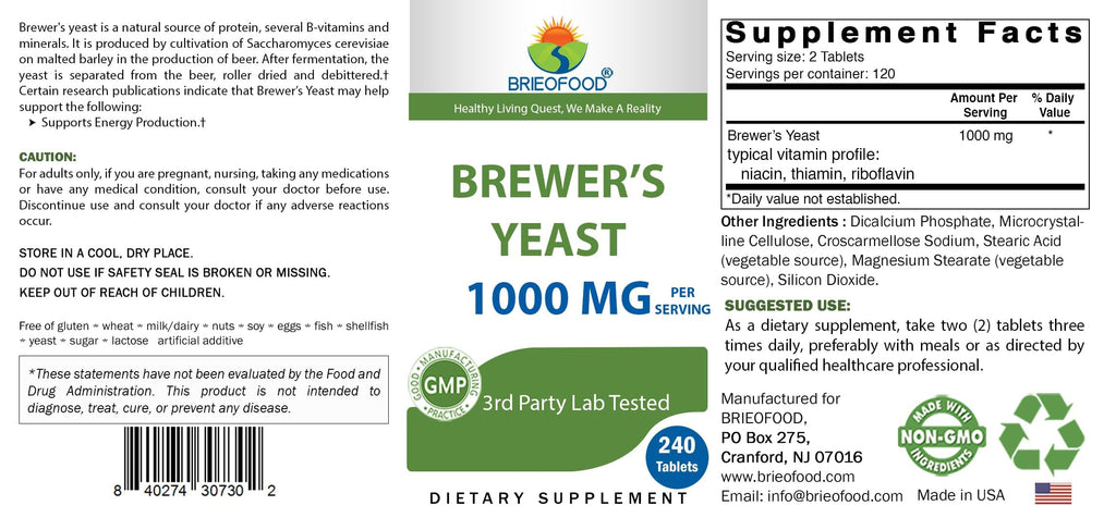 Authenticity certified Brieofood 1000 mg brewers yeast 240 tablets for energy boost