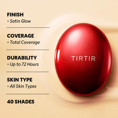 Side profile of the luxurious red TIRTIR Mask Fit foundation container showcasing its sleek design