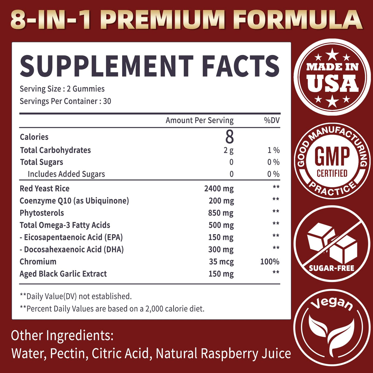 Raspberry flavored red yeast rice gummies nutritional label