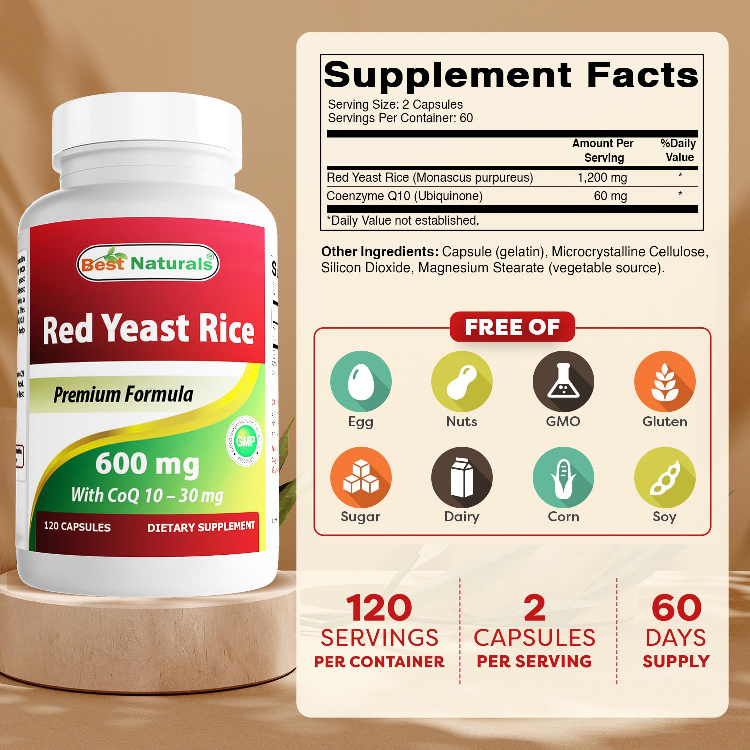 Best Naturals dietary supplement bottle showing 600 mg red yeast rice facts label