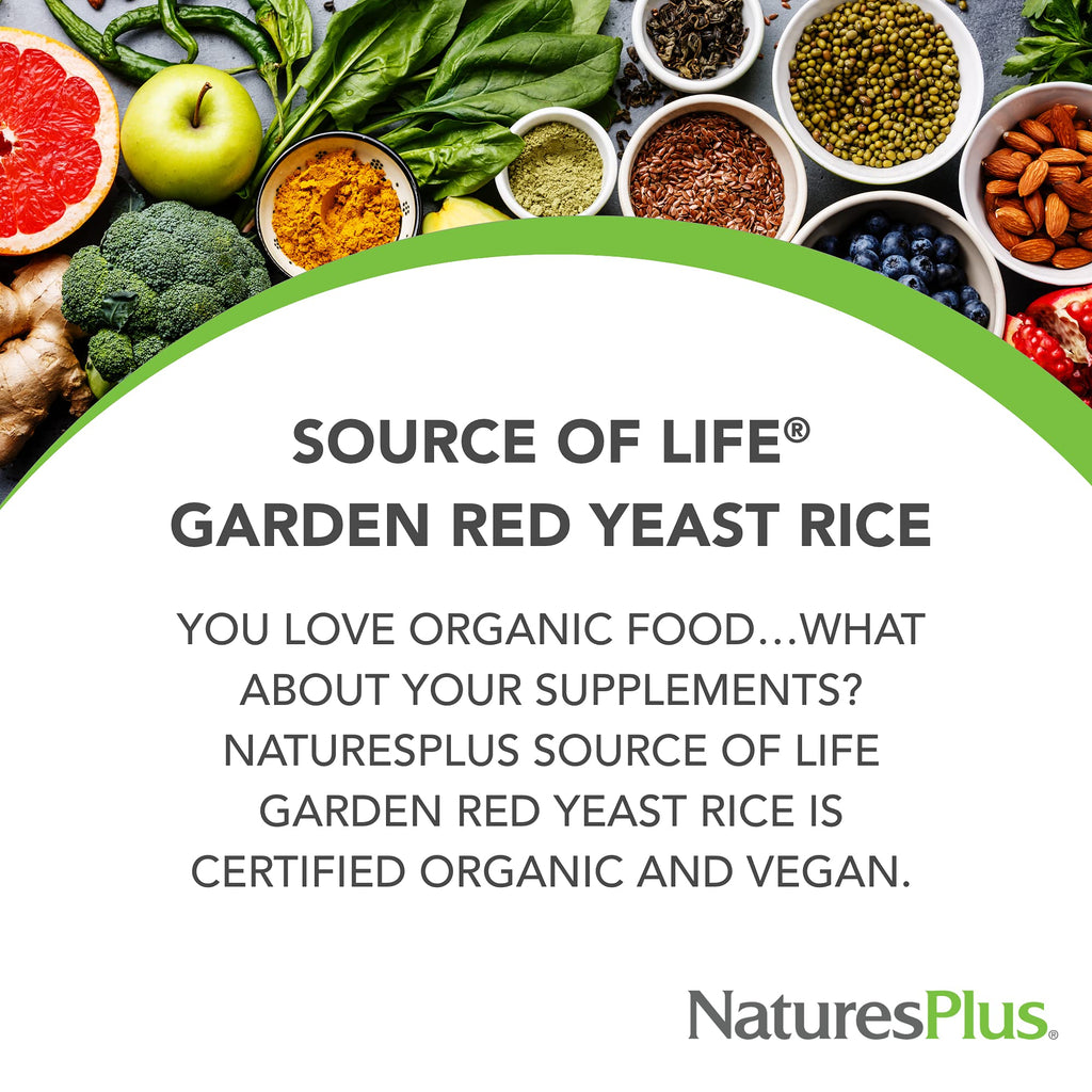 NaturesPlus organic red yeast rice 60 capsules packaging showing supplement facts panel
