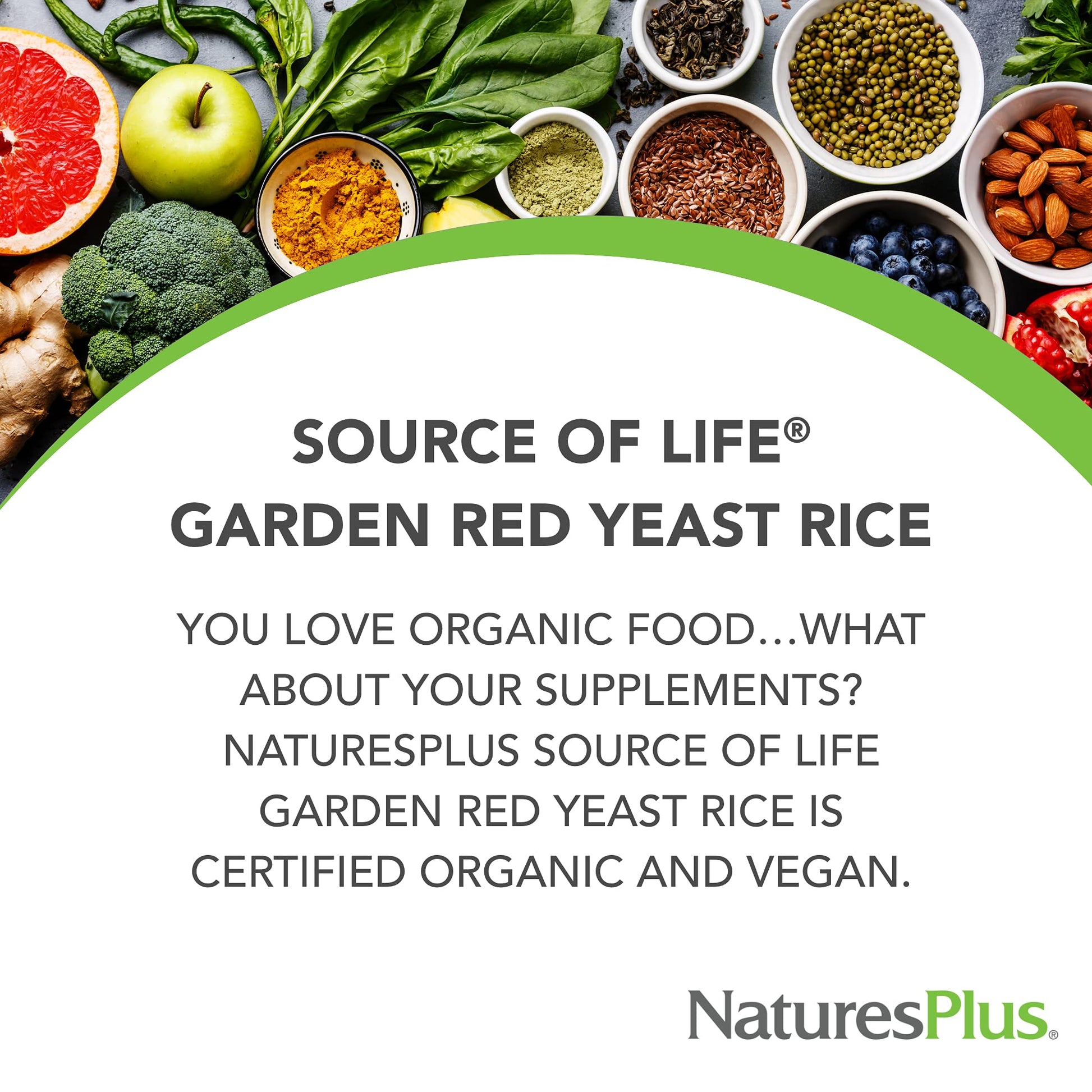 NaturesPlus organic red yeast rice 60 capsules packaging showing supplement facts panel