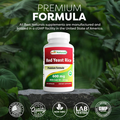 Side view of Best Naturals Red Yeast Rice bottle showing CoQ10 ingredient details