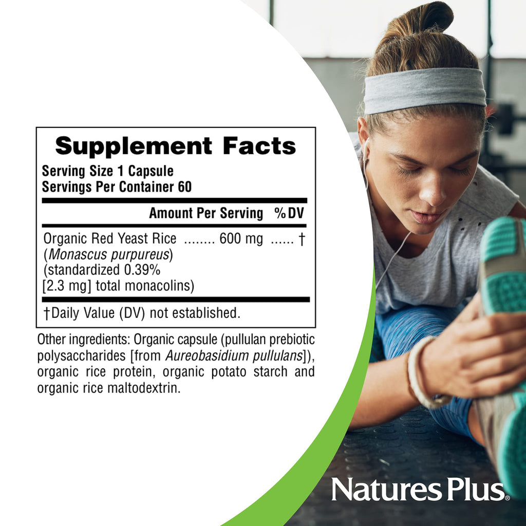Certified organic red yeast rice 600 milligrams nutritional vitamins bottle angled view
