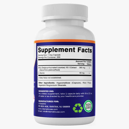 Vitamatic DGL Licorice dietary supplement bottle for gut health