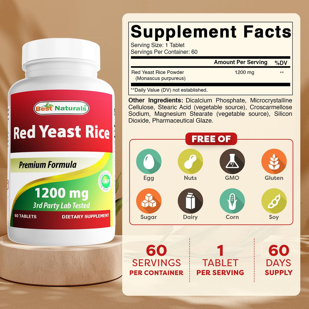Best Naturals Red Yeast Rice supplement facts label showing 1200 mg serving size