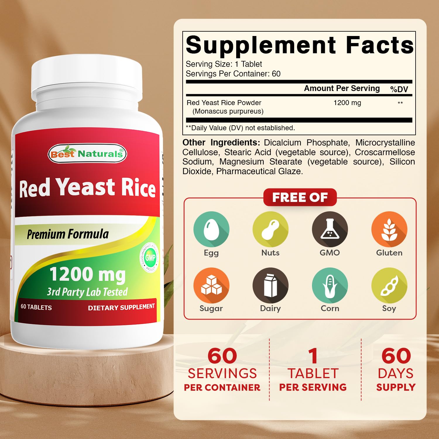 Best Naturals Red Yeast Rice supplement facts label showing 1200 mg serving size