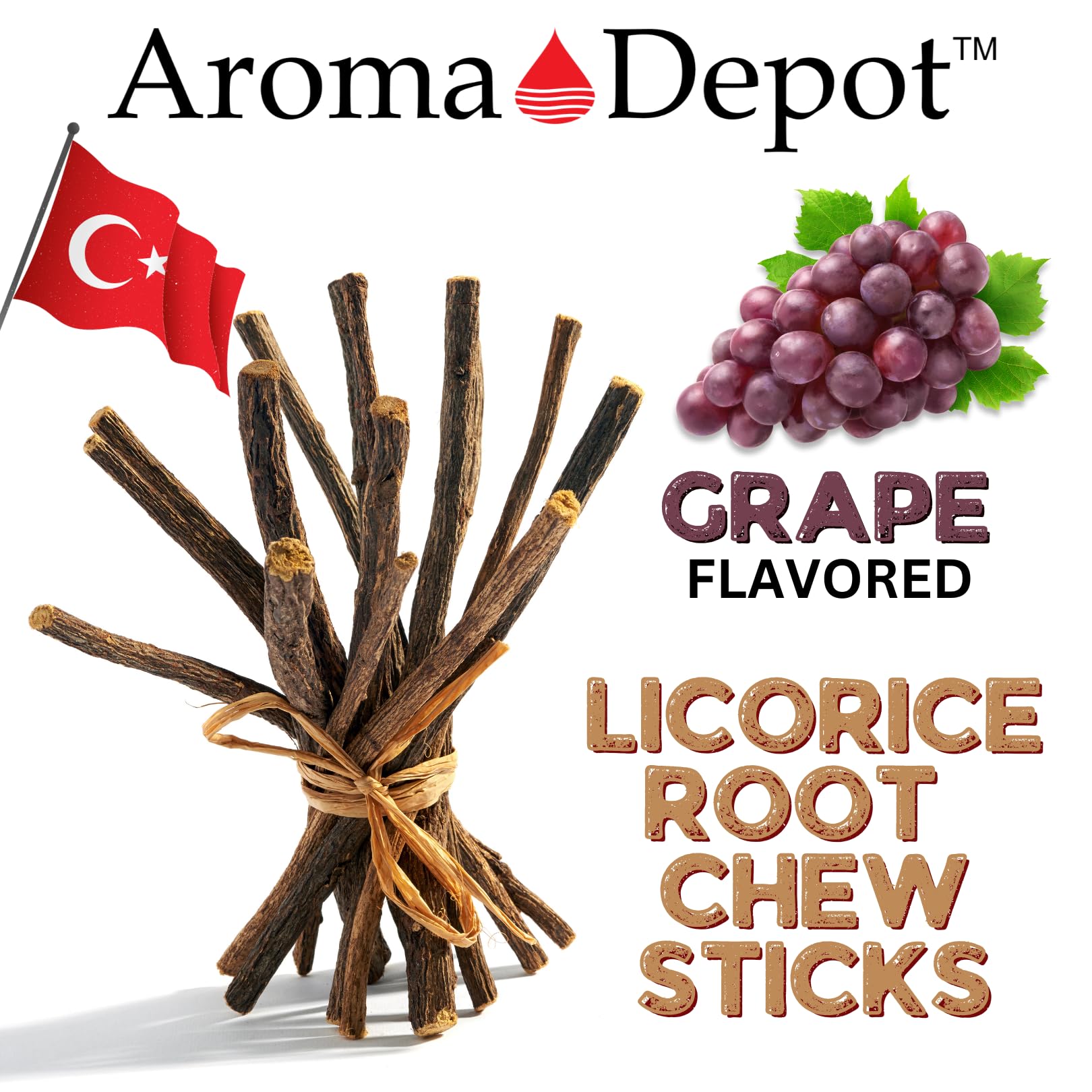 Close up of natural licorice root texture and grape flavor packaging