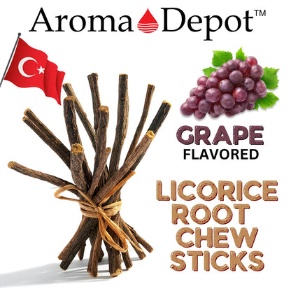 Close up of natural licorice root texture and grape flavor packaging
