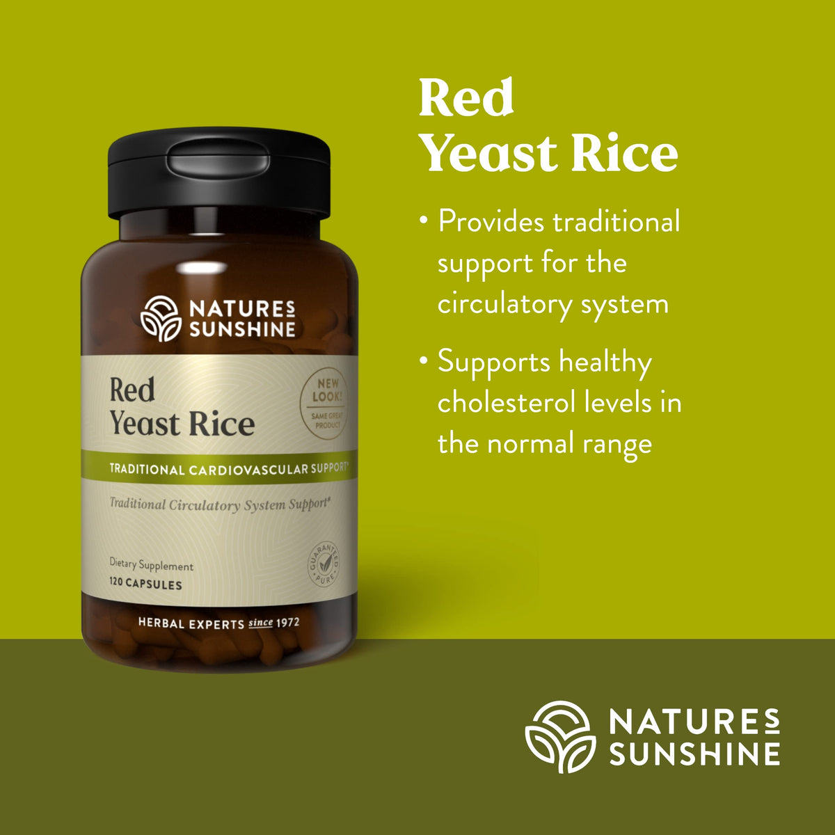 Nature's Sunshine Red Yeast Rice capsules container placed on a clean wellness background