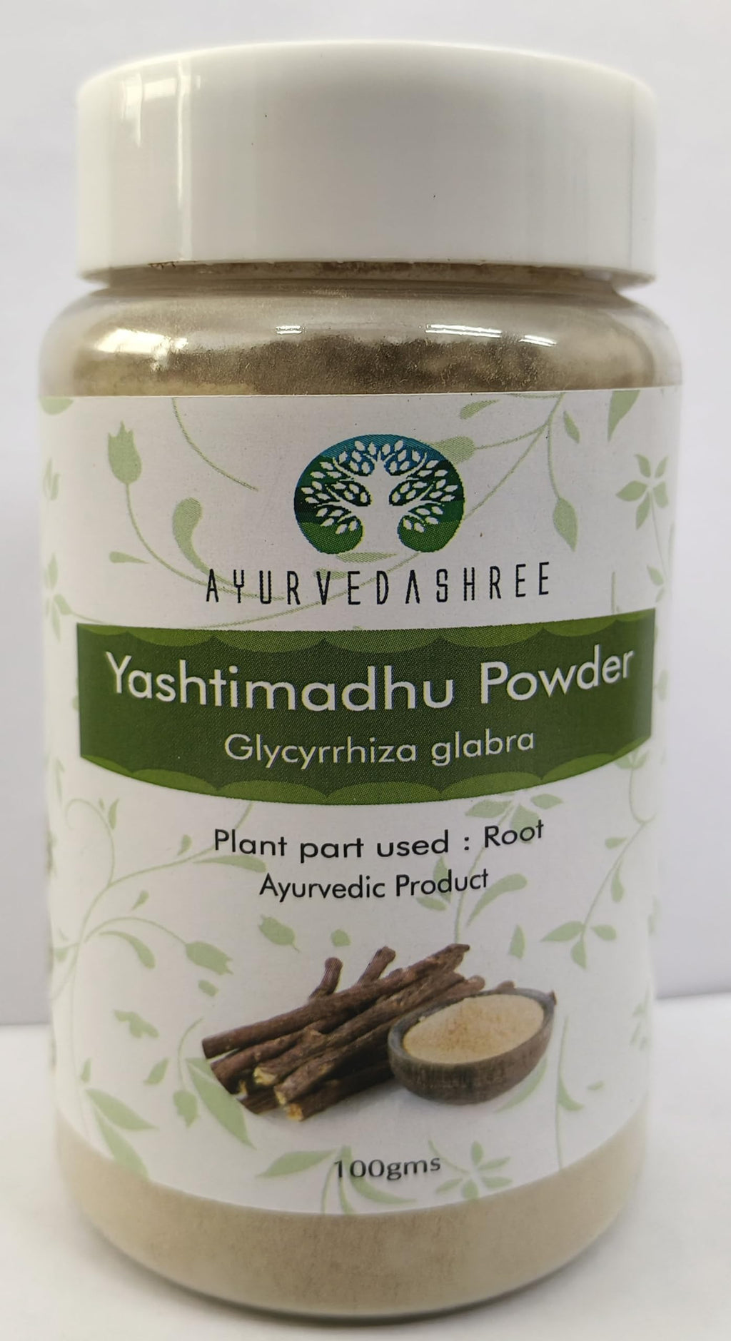 Vegan and non-GMO label detail on Ayurvedashree licorice powder jar