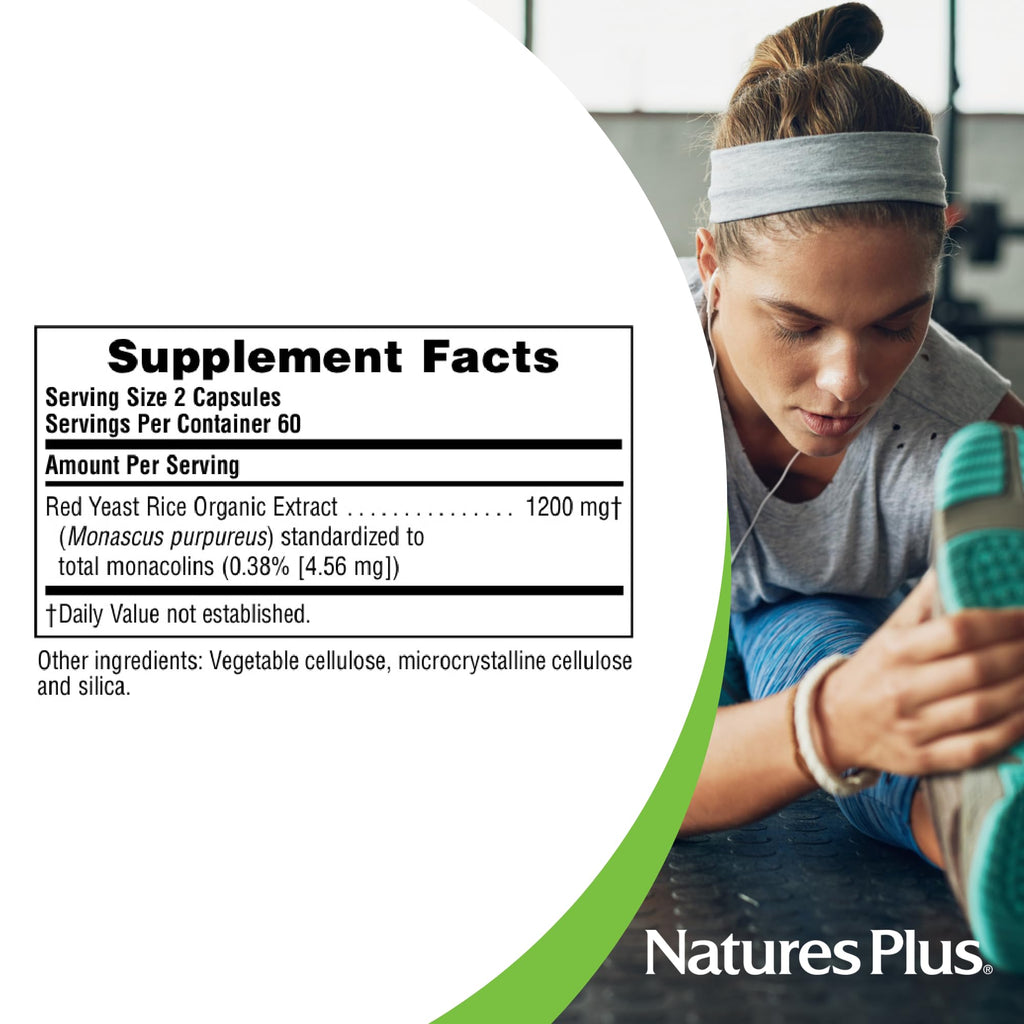 Side view of NaturesPlus Herbal Actives Red Yeast Rice showing the non-GMO clean ingredients list