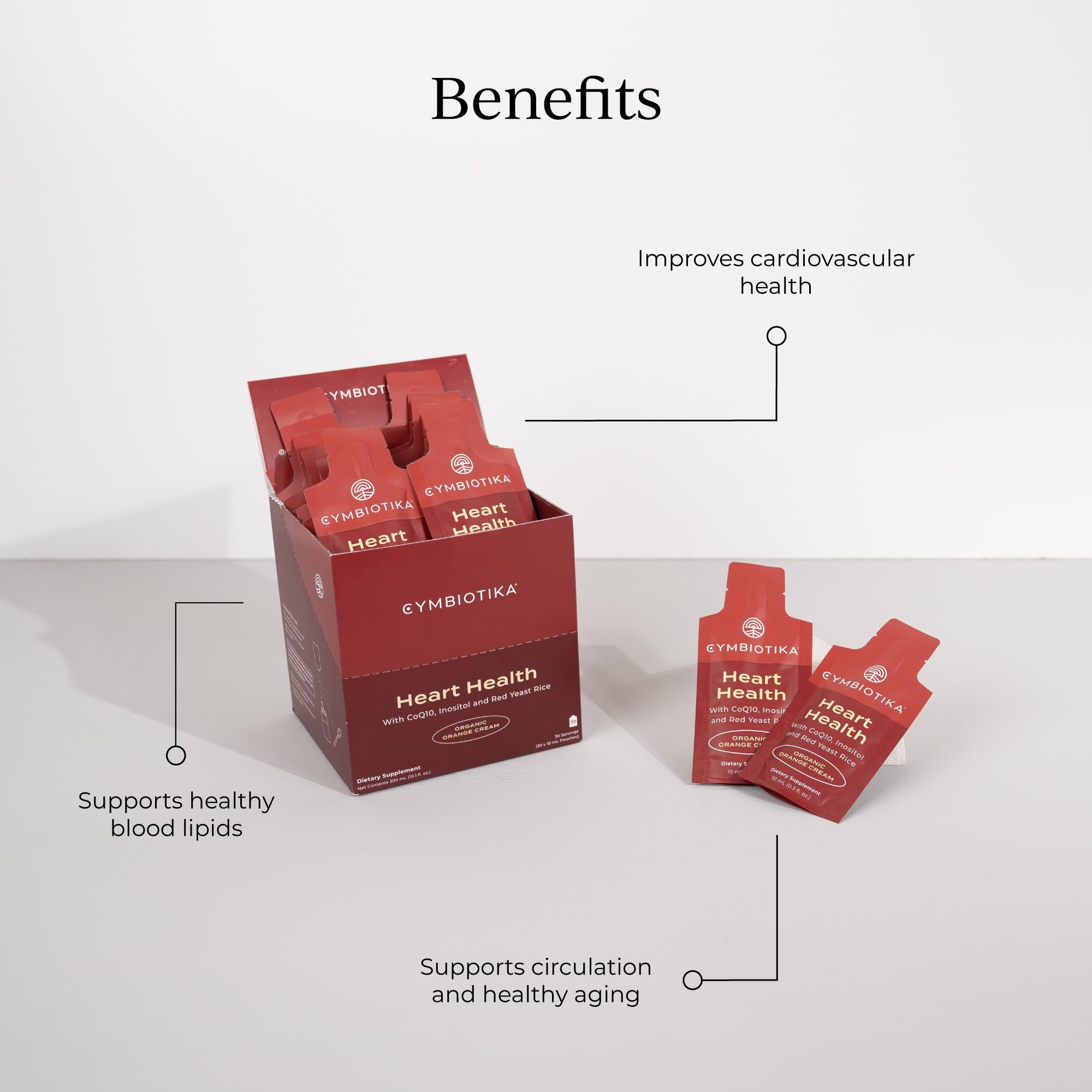 Cymbiotika Liposomal Heart Health individual orange cream flavored 10 mL pouch showing the convenient travel size.