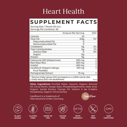 Side view of Cymbiotika Heart Health box displaying product benefits, plant-based formulation, and gluten-free certifications.