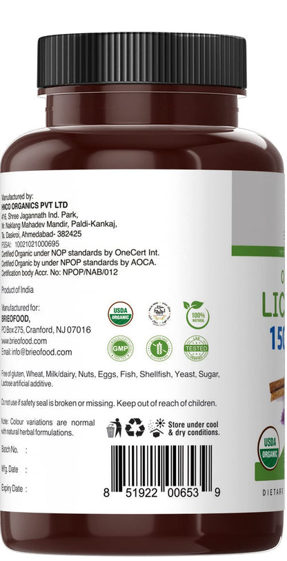 Certified organic licorice root dietary supplement bottle