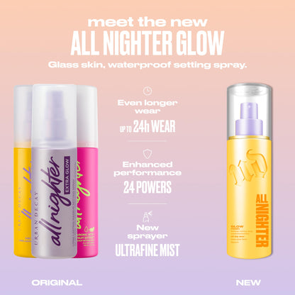 Urban Decay All Nighter Glow setting spray bottle with ingredients label