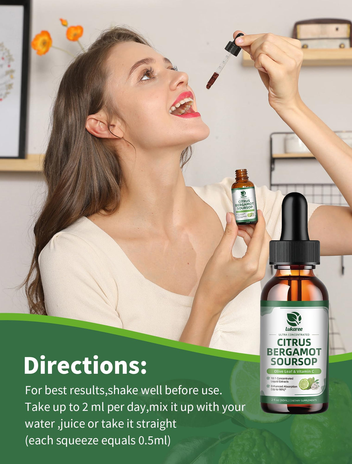 Lukaree liquid drops bottle with natural citrus bergamot and soursop extract